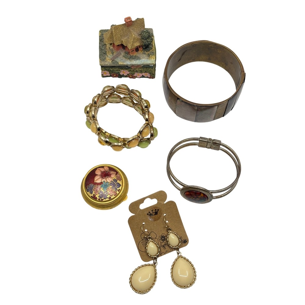 Vintage Jewelry Trinket Box Lot Cottagecore Mother of Pearl Cloisonne 6pc Set - Picture 1 of 16
